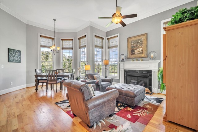 living room featuring light hardwood / wood-style floors, crown molding, and ceiling fan with notable chandelier