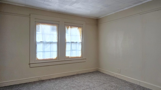 unfurnished room with ornamental molding and carpet floors