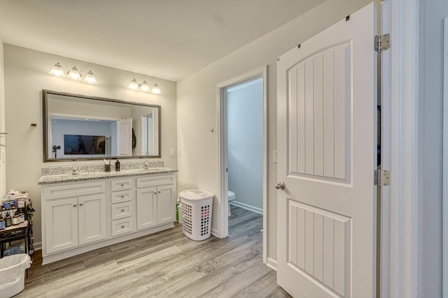 bathroom featuring vanity, wood-type flooring, and toilet