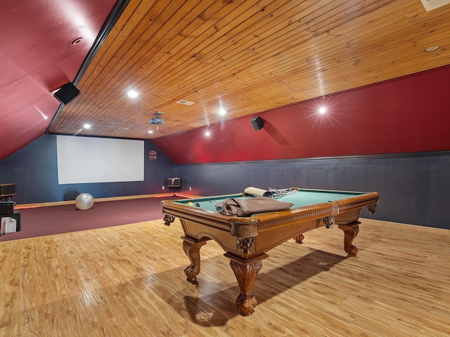 playroom featuring light hardwood / wood-style flooring, wood ceiling, and vaulted ceiling