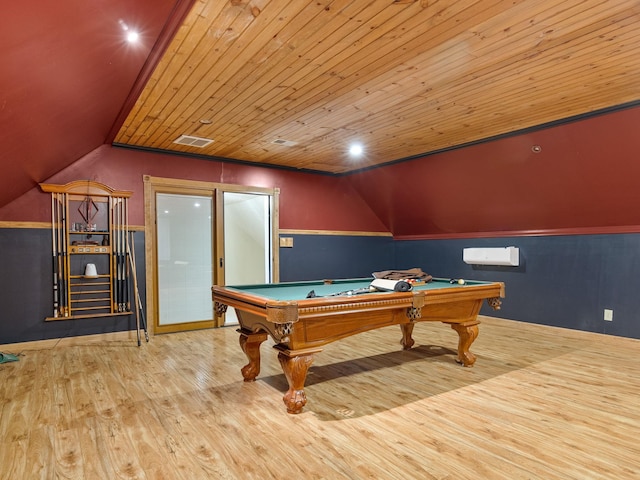 game room featuring light hardwood / wood-style floors, wooden ceiling, lofted ceiling, ornamental molding, and billiards