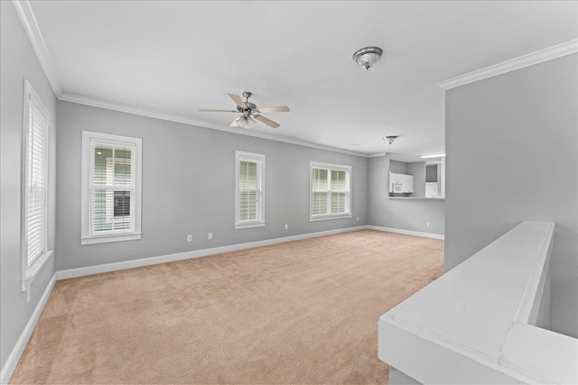 carpeted living room featuring ceiling fan and ornamental molding