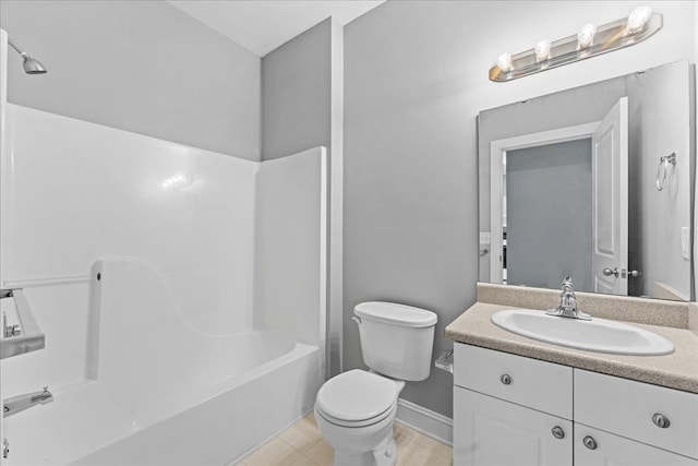 full bathroom featuring vanity, toilet, bathing tub / shower combination, and tile patterned flooring