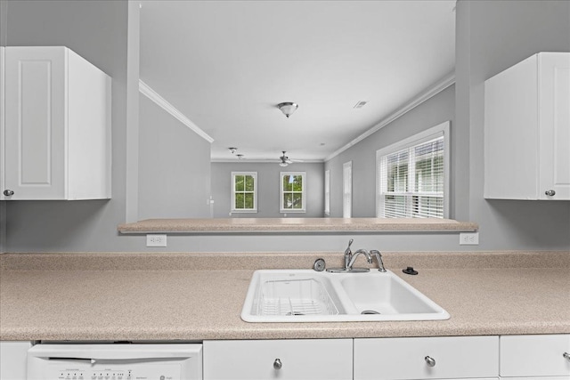 kitchen with crown molding, white cabinetry, dishwasher, and sink