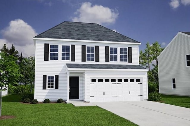 view of front of home featuring a garage and a front lawn