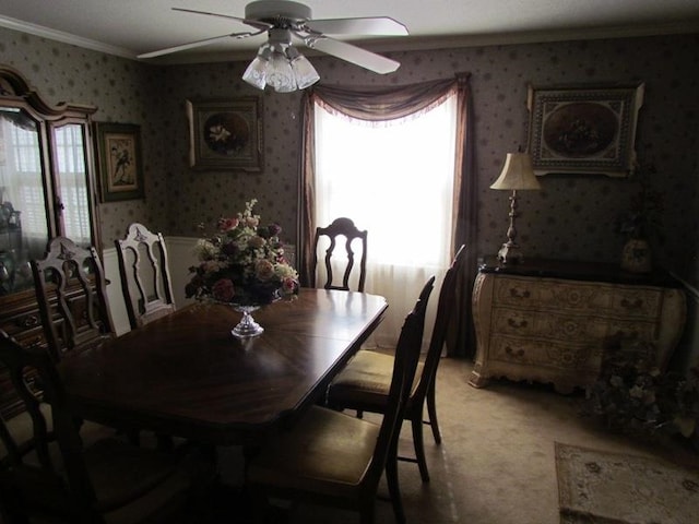 carpeted dining space with ornamental molding and ceiling fan