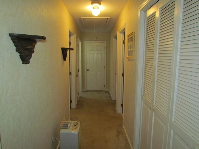 hallway with light colored carpet