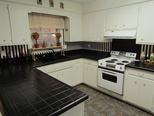 kitchen featuring white cabinetry, white electric range oven, sink, and tile counters