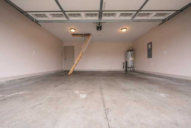 garage featuring electric water heater, electric panel, and a garage door opener