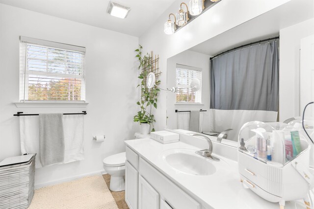 bathroom with plenty of natural light, vanity, and toilet