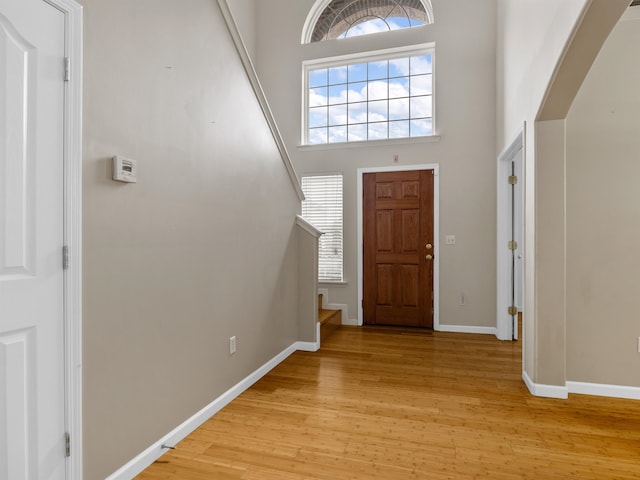 foyer with a high ceiling and light hardwood / wood-style flooring