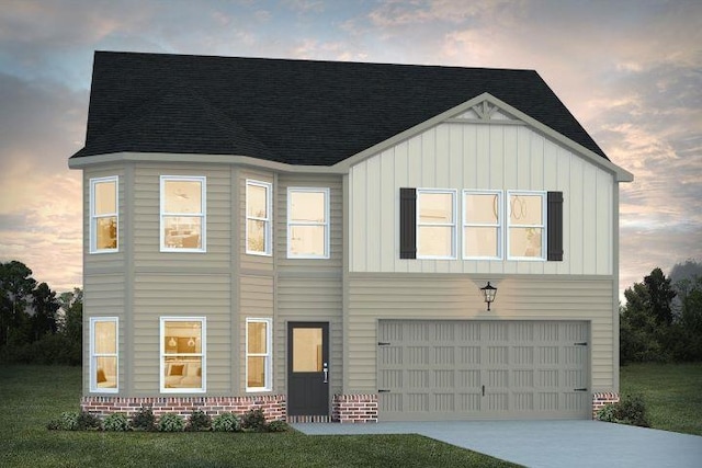 view of front of home with board and batten siding, brick siding, driveway, and an attached garage