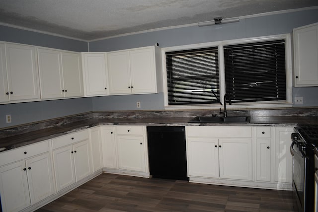 kitchen featuring a textured ceiling, white cabinetry, black appliances, and sink