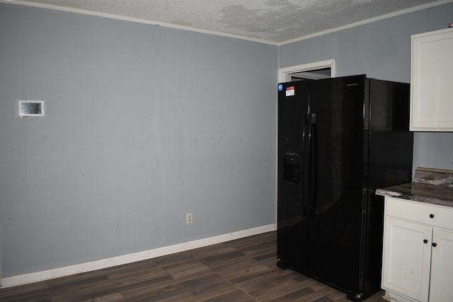 kitchen with black refrigerator with ice dispenser, dark hardwood / wood-style floors, a textured ceiling, crown molding, and white cabinets