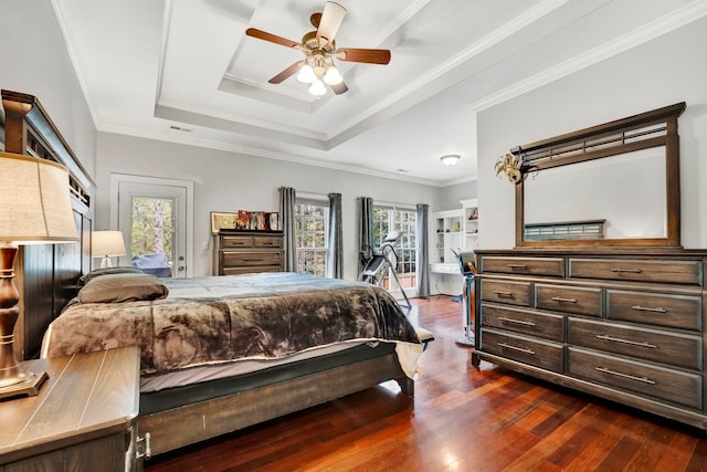 bedroom with ceiling fan, multiple windows, and ornamental molding