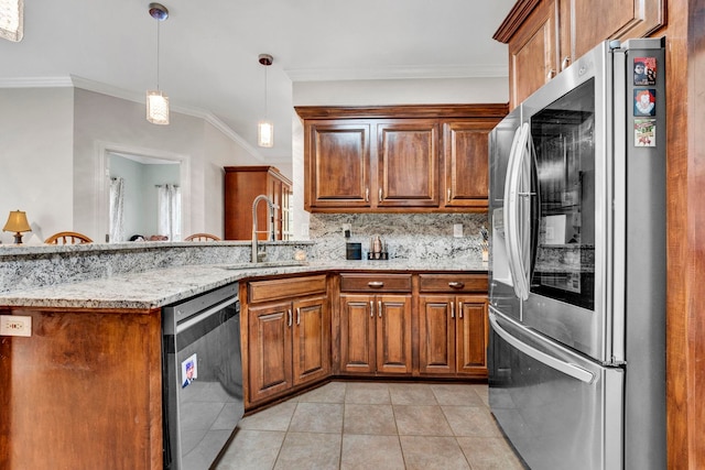 kitchen featuring stainless steel appliances, tasteful backsplash, light tile patterned flooring, ornamental molding, and sink