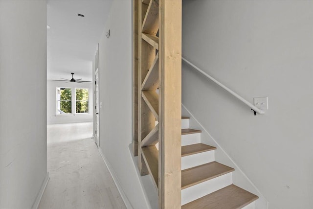 stairway with ceiling fan and wood-type flooring