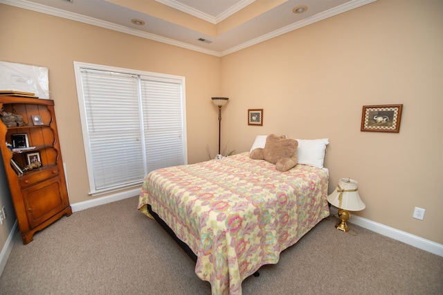 bedroom with carpet flooring and crown molding