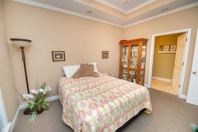 carpeted bedroom featuring ornamental molding