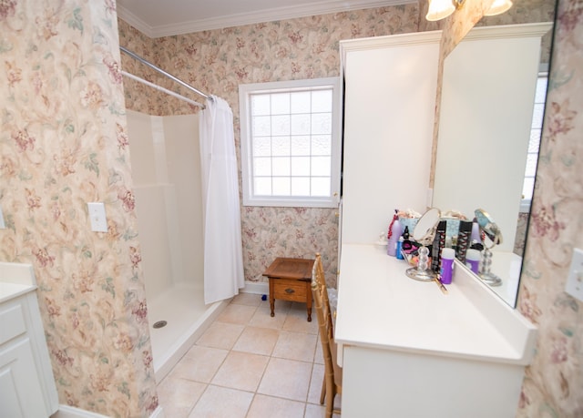 bathroom with a shower with curtain, tile patterned flooring, vanity, and crown molding