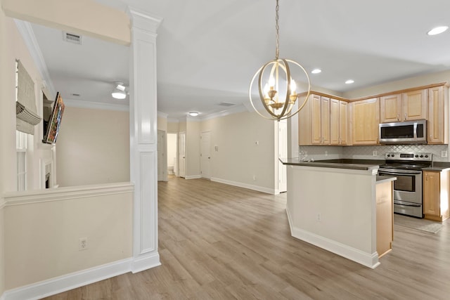 kitchen featuring appliances with stainless steel finishes, light brown cabinets, hanging light fixtures, light hardwood / wood-style floors, and decorative columns