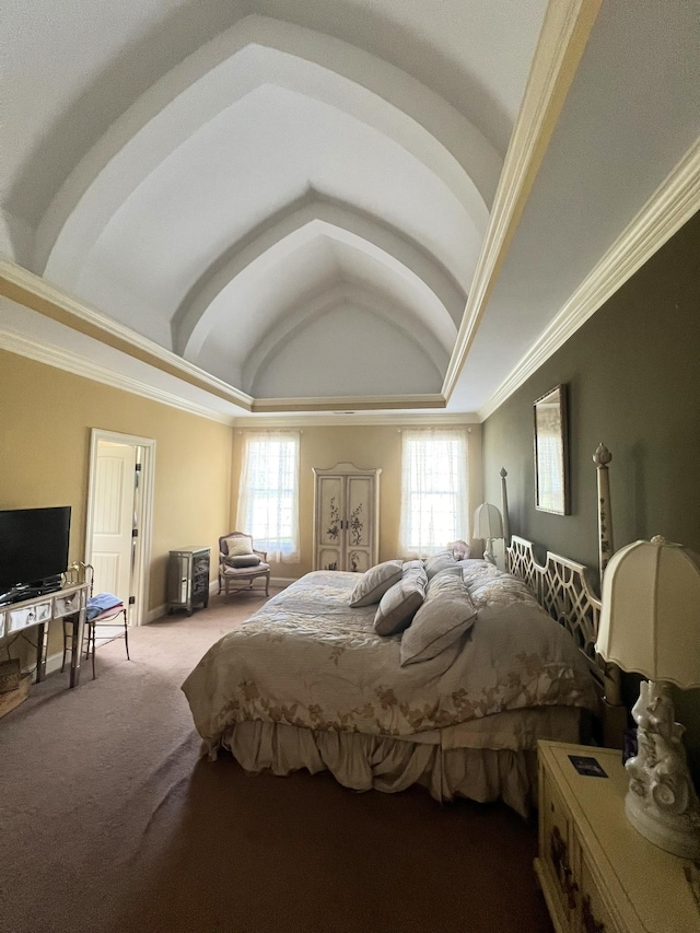 carpeted bedroom with lofted ceiling and ornamental molding