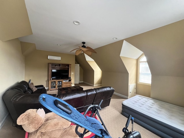 interior space with light colored carpet, ceiling fan, and vaulted ceiling