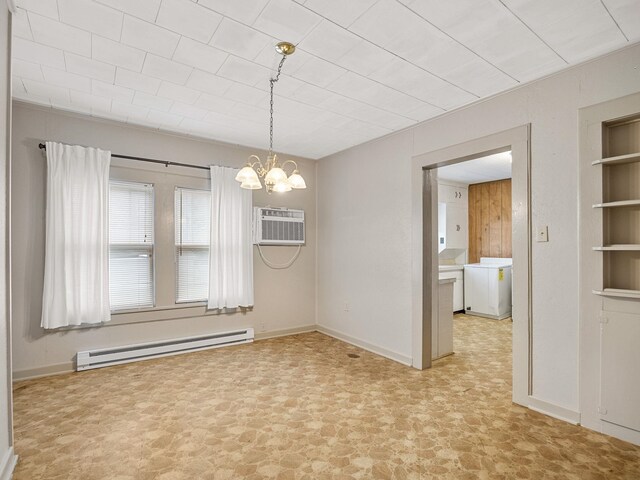 unfurnished dining area with a wall mounted AC, an inviting chandelier, and a baseboard heating unit