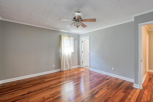 unfurnished room featuring a textured ceiling, hardwood / wood-style flooring, ceiling fan, and crown molding