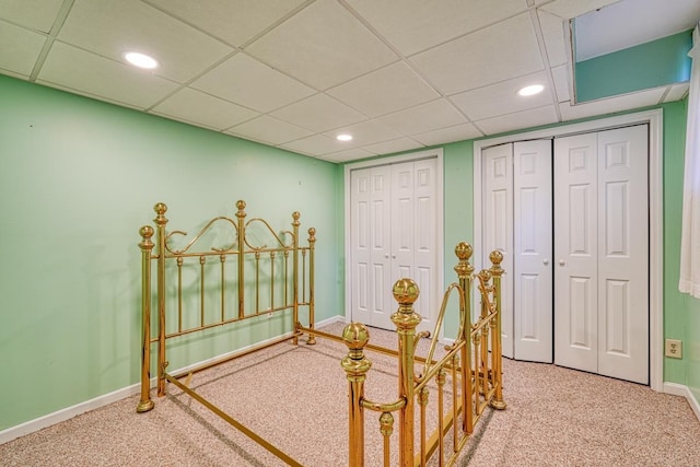 9 Brookdale Acres, Lyman, SC 29365 - bedroom featuring multiple closets, carpet flooring, baseboards, recessed lighting, and a paneled ceiling
