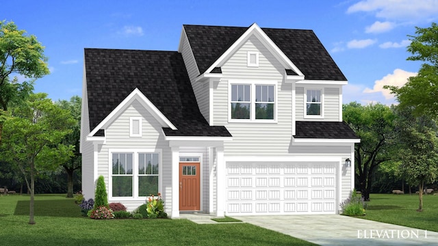 view of front facade with a garage and a front lawn