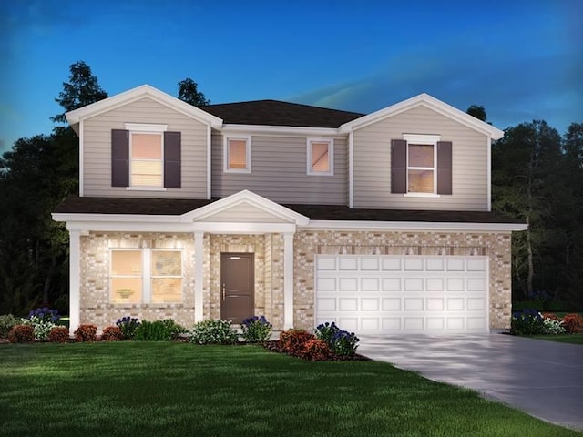 view of front facade featuring a garage and a lawn