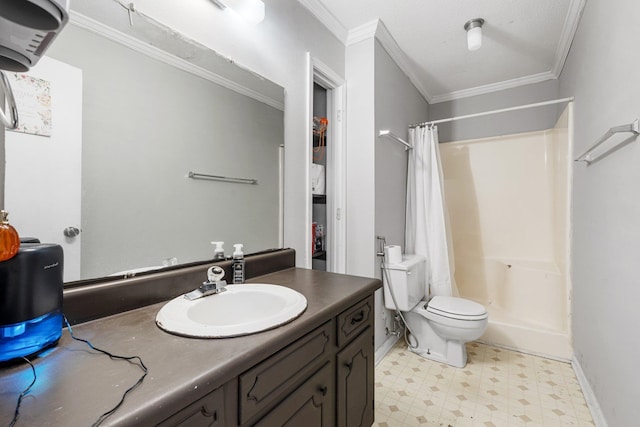 bathroom with curtained shower, crown molding, vanity, and toilet