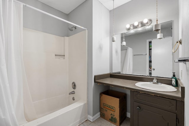 bathroom with vanity and shower / tub combo with curtain