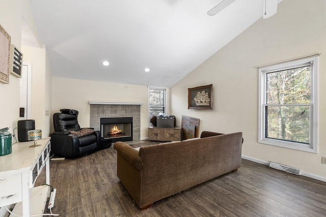 living room featuring a fireplace, vaulted ceiling, plenty of natural light, and dark wood-type flooring