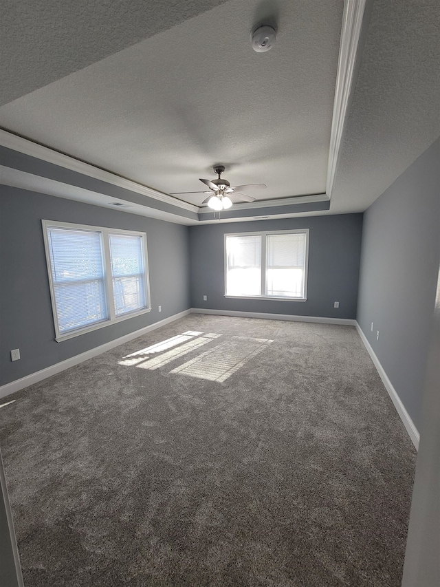 unfurnished room with ceiling fan, a textured ceiling, a tray ceiling, and carpet