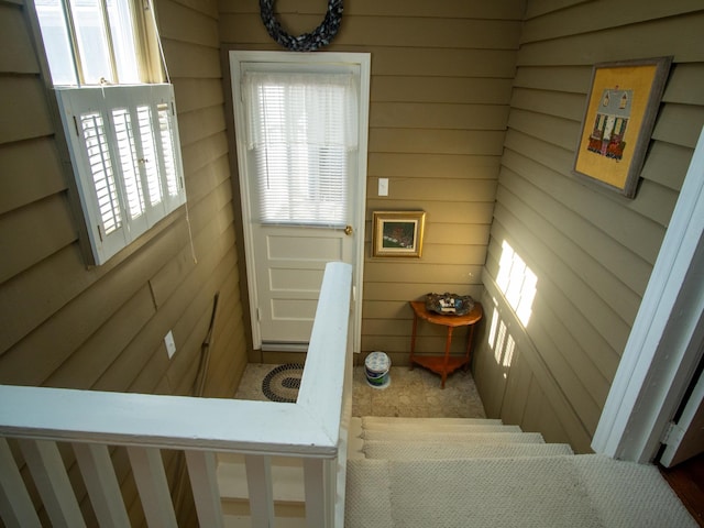 entryway featuring wooden walls