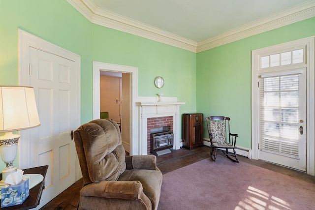 living area with carpet, a baseboard radiator, and ornamental molding