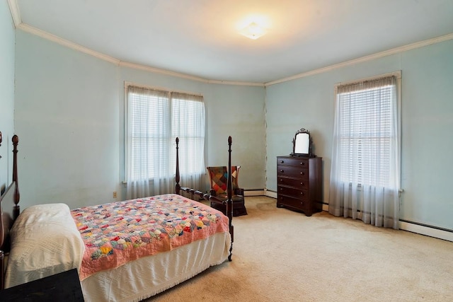 bedroom with baseboard heating, multiple windows, light colored carpet, and ornamental molding