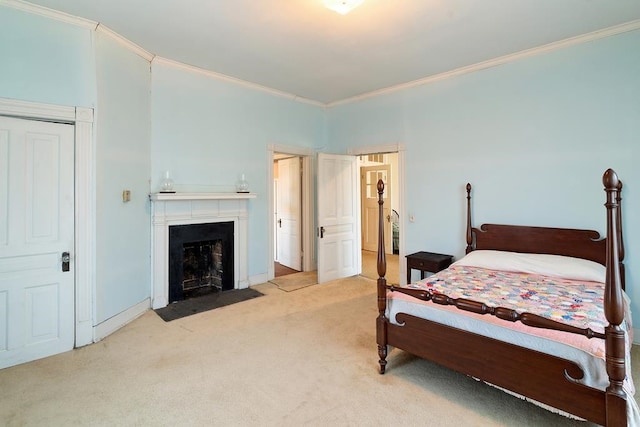 carpeted bedroom featuring ornamental molding