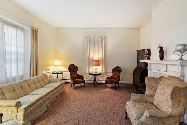 sitting room with baseboard heating, crown molding, and carpet