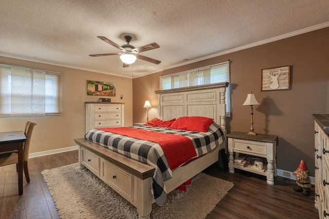 bedroom featuring ornamental molding, dark wood finished floors, and baseboards