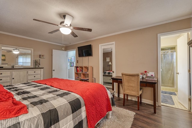 bedroom featuring a textured ceiling, ornamental molding, and dark wood finished floors