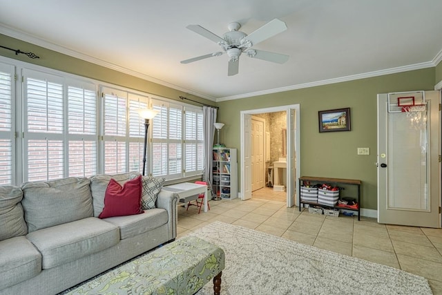 tiled living room with a wealth of natural light, ceiling fan, and crown molding