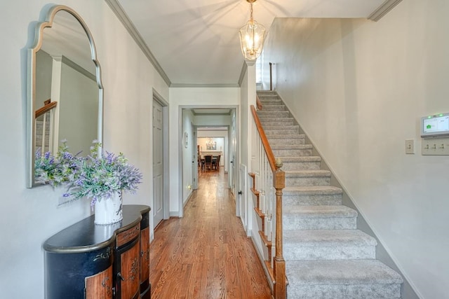 stairs featuring crown molding and wood-type flooring