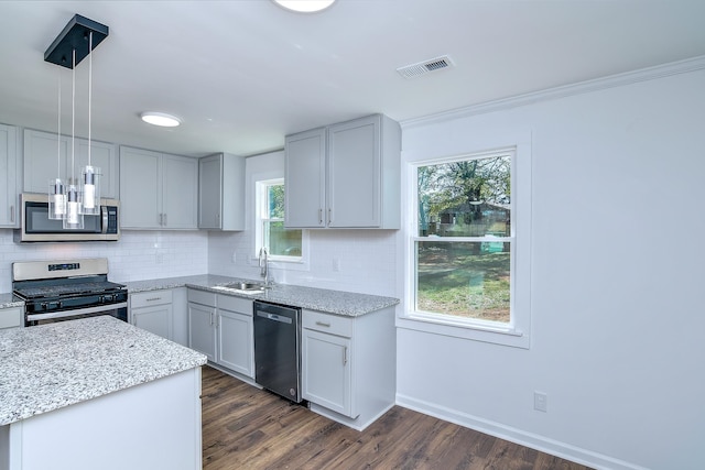 kitchen featuring plenty of natural light, pendant lighting, dark hardwood / wood-style floors, and appliances with stainless steel finishes