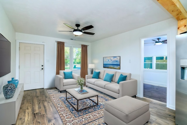 living room with ceiling fan and wood-type flooring