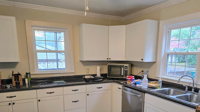 kitchen with dishwasher, sink, a textured ceiling, white cabinets, and ornamental molding