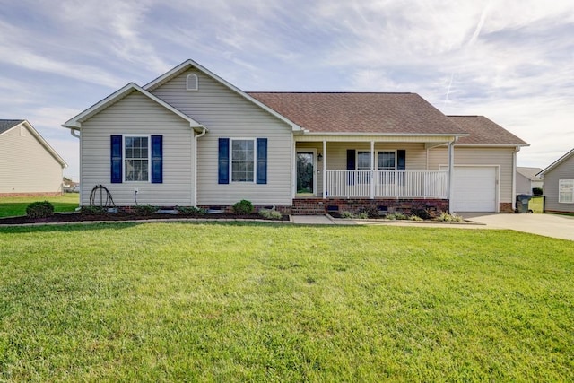 single story home with a front yard, a garage, and covered porch