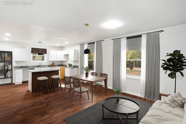 interior space featuring decorative light fixtures, a healthy amount of sunlight, dark hardwood / wood-style flooring, and white cabinetry